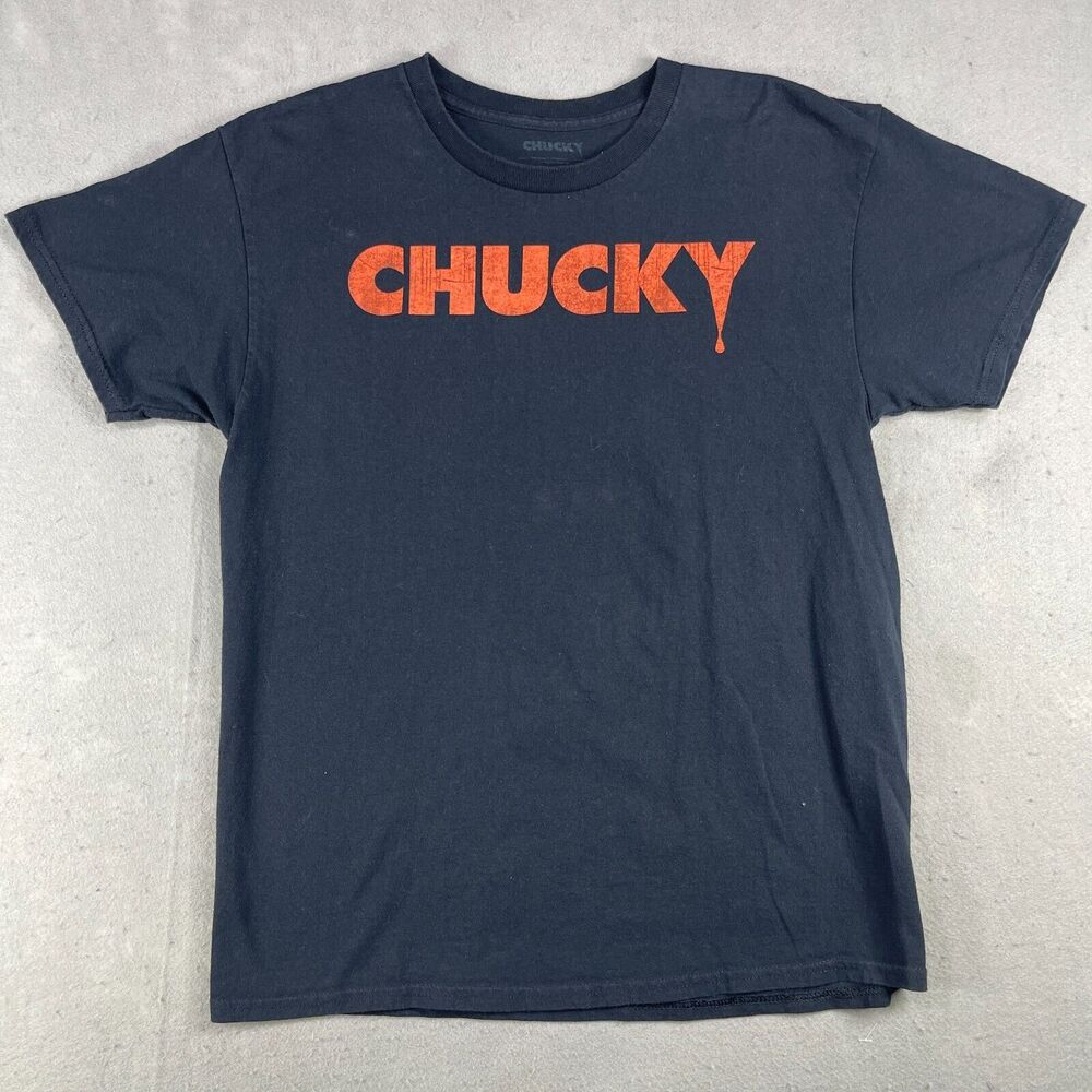 Chucky Graphic T-Shirt Mens Large Black Spellout Childs Play Chucky in Flames